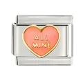 Close-up of a silver stainless steel Italian link charm with a pink heart saying ALL MINE - ALL MINE Heart Style (CYQ-19) / Single Piece
