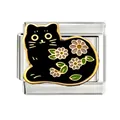 Detailed view of Italian charm link featuring a black cat with floral enamel and gold trim - Side Lying Black Cat Style(CYI-002)