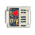 Macro detail of a stainless steel Italian charm link with 'I love my piano' heart design - I ❤️ my Piano Pattern Style (CYQ-23) / Single Piece