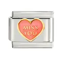 Close-up of a 9mm stainless steel Italian charm link with pink enamel heart and MISS YOU text - MISS YOU Heart Style (CYQ-27) / Single Piece