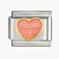 Macro view of stainless steel modular charm with pink enamel heart and 'Dream Girl' text - DREAM GIRL Heart Style (CYQ-29) / Single Piece