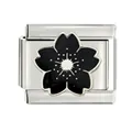 Vue détaillée d'un charm modulaire italien à fleur de cerisier noire et argent poli - Style Motif Sakura (CYI-027)