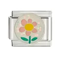 Vue détaillée d'un maillon de charm italien argenté avec un motif de fleur rose - Style Fleurs Roses à Paillettes (CYI-030)
