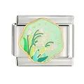 Macro view of green enamel floral lily pattern on stainless steel Italian charm link - Simplicity Lily of the Valley Style (CYQ-05) / Single Piece