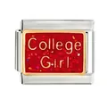 Close-up of a 10x9mm stainless steel 'College Girl' red glitter enamel modular charm link - College Girl Text Style (CYQ-11) / Single Piece