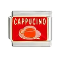 Stainless steel Italian charm link featuring red background with cappuccino motif - CAPPUCINO Text Style (CYQ-12) / Single Piece
