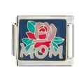 Detail macro view of MOM rose enamel stainless steel Italian link charm for DIY bracelet - MOM Floral Style (CYQ-13) / Single Piece