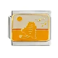 Charm modulaire italien avec silhouette de chat en émail orange et motif de coucher de soleil - Style Silhouette Chat et Fleur de Prunier(CYI-014)