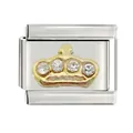 Stainless steel Italian charm link featuring a gold-toned crown with clear rhinestones - Crown Rhinestone Style (CYQ-16) / Single Piece