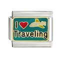 Vue rapprochée d'un maillon de bracelet italien avec design 'I Love Traveling' - Style Voyage en Avion (CYM-036)