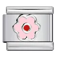 Primo piano di maglia lucida per bracciale componibile con fiore rosa e centro rosso - Motivo Floreale in Smalto Rosa a Sei Petali (#4) / Modulo Singolo