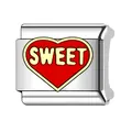 Detailed macro view of a silver stainless steel heart charm with 'SWEET' engraving - SWEET Red Background Gold Edge Style (#19)