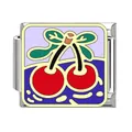 Primer plano de un eslabón italiano modular con un bonito diseño de cereza en esmalte - Ilustración de Contraste Cereza (Estilo 8)
