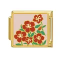 Vista dettagliata di un charm italiano dorato con motivo a fiori rossi e foglie verdi - Motivo Floreale Rosso (#1)