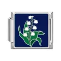 Detail of stainless steel Italian charm link with Lily of the Valley enamel design - White Lily Of The Valley Style (#1)