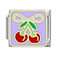 Primer plano de charm modular italiano con diseño de cerezas rojas y lazo amarillo - Base Morada Lazo Cereza (Estilo 7)