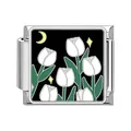 Detailed view of stainless steel Italian charm link with white tulip and moon pattern - Starry Night Tulip Style (#3)