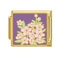 Charm modulare italiano in acciaio inox dorato con motivo a fiori rosa su viola - Fiori di Ciliegio Rosa (#3)