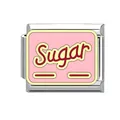 Detailed view of a pink enamel Italian link bracelet charm featuring 'Sugar' text design - Sugar Letters (#10)