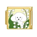 Gold-plated Italian charm link featuring white dog and lily of the valley enamel design. - Puppy And Lily Of The Valley (#12)