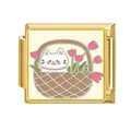 Detailed view of Italian charm link featuring a cartoon cat and tulips in a basket - Cat And Tulips (#14)