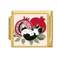 Detailed view of an Italian charm link with a cat and pomegranate enamel design. - Cow Cat And Pomegranate (#15)