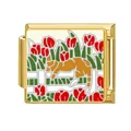 Detail view of Italian charm bracelet link with orange cat and red tulip pattern - Ginger Cat And Fence (#16)