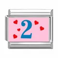 Stainless steel Italian modular charm link with pink background and blue number 2 and hearts. - Number 2 Pink Heart Style / 1 Piece/Pack