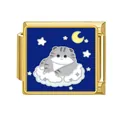Customizable Italian modular bracelet link featuring a cute cat on a cloud enamel design - Cat And Moon (#5)