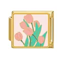 Charm modulare italiano in acciaio inossidabile dorato con disegno di tulipani rosa - Tulipano Rosa con Sfondo Rosa (#4)