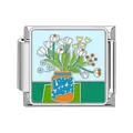 Stainless steel Italian modular charm link with colorful floral enamel design for DIY - Orange Bottle Bouquet Style (#4)