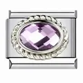 Charm modular italiano de acero inoxidable con una piedra de circón púrpura ovalada - Personaje Morado