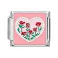 Stainless steel Italian charm link featuring red roses heart design on pink background - Pink Heart Rose Style (#5)