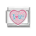 Stainless steel Italian charm link featuring a pink enamel heart and 'I Love U' lettering - I Love You Heart (#8)