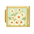 Gold-plated stainless steel Italian charm link with white daisy floral design on green background - White Daisy (#6)