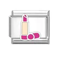 Stainless steel Italian charm link featuring a pink lipstick enamel design for DIY jewelry - Pink Lipstick (#3)