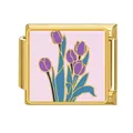 Gold stainless steel Italian modular bracelet charm link with purple tulip enamel design - Purple Tulip (#8)