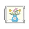 Stainless steel Italian modular bracelet charm link featuring colorful enamel tulip vase - Blue Bottle Tulip Style (#7)