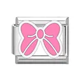 Italian charm bracelet module in stainless steel featuring a pink enamel bow motif - Pink Bowknot (#1)