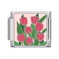 Stainless steel Italian modular charm link with pink tulip flower enamel design for DIY - Pink Red Tulip Style (#8)