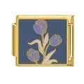 Gold stainless steel Italian modular charm with purple tulip on blue background - Tulip With Deep Blue Background (#10)