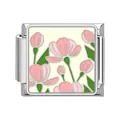Italian modular charm in stainless steel with a pink floral enamel pattern for DIY jewelry. - Pink Flower Green Leaf Style (#9)