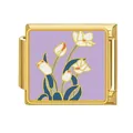 Gold-plated stainless steel Italian modular charm link with purple tulip enamel design - White Tulips (#11)