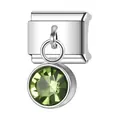 Link charm modulare italiano in argento con ciondolo tondo in cristallo verde - Agosto (Peridoto)
