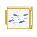 Abalorio para pulsera modular italiana de acero dorado con diseño de peces azules - Cardumen de Peces Azules (#24) / Dorado