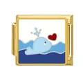Abalorio para pulsera modular italiana de acero inoxidable con ballena azul y corazón - Ballena Corazón Ola (#9) / Dorado