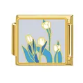 Gold stainless steel Italian charm link with elegant tulip flower design for DIY jewelry - Blue and White Tulips (#12)