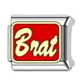 Customizable stainless steel Italian charm link featuring a red Brat design in yellow - Brat Script Style (#7)