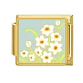 Gold stainless steel Italian modular charm with floral enamel design for DIY bracelet. - White Flower With Blue Background (#13)