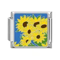 Stainless steel Italian charm link featuring vibrant sunflower bouquet for DIY bracelets - Blue Sunflower Style (#12)